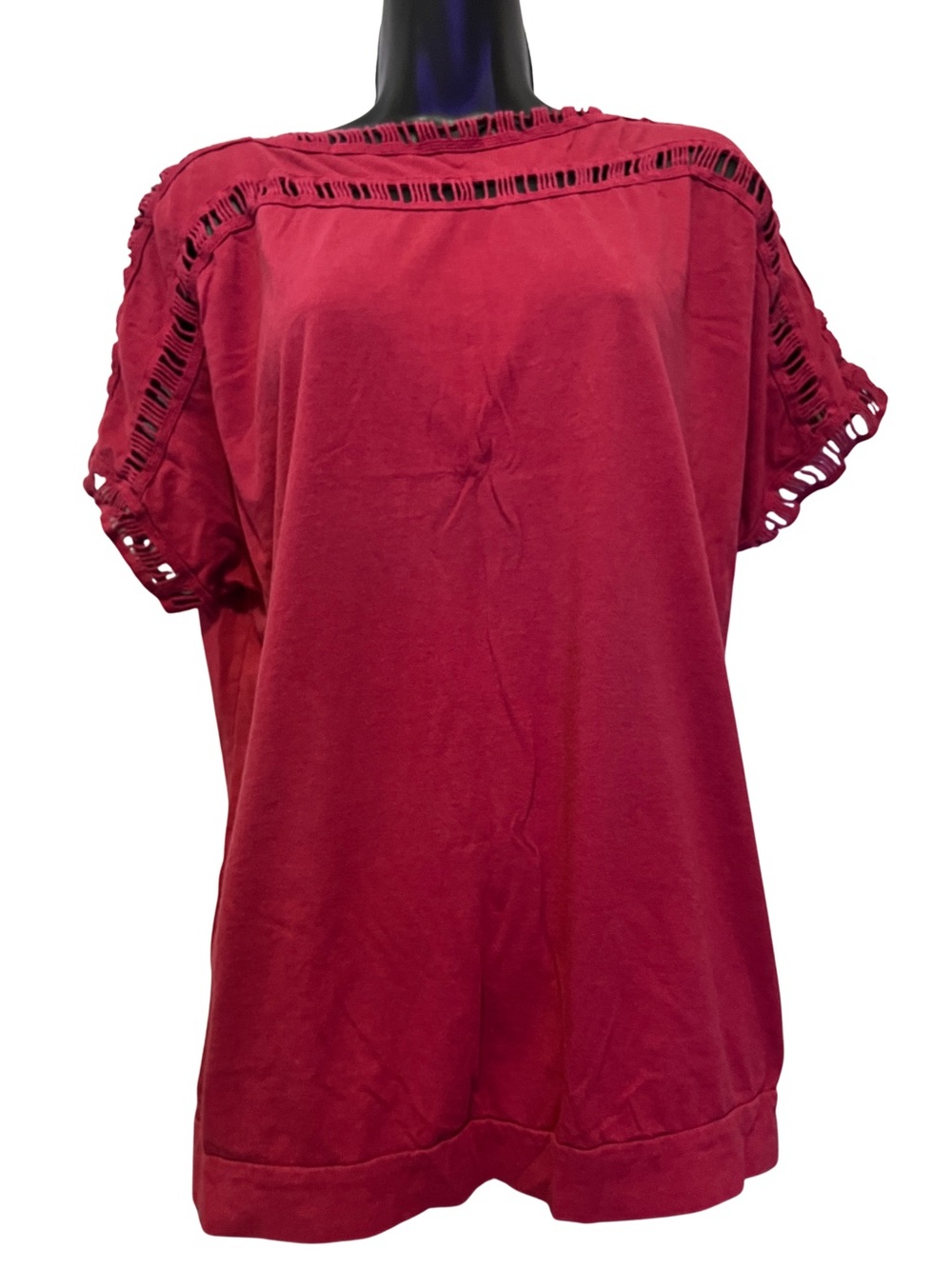 Burgundy Short-Sleeve Eyelet-Trim Women's Top